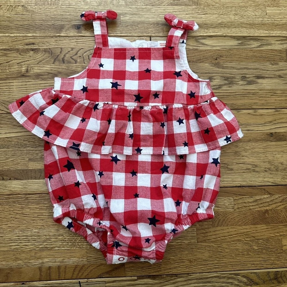 Baby Cat & Jack Gingham Stars Romper‎ Size 6-9 Mo